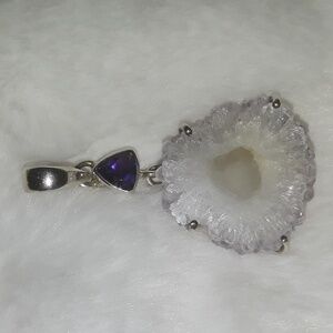 Genuine Amethyst Stalactite Eye pendant .925 Sterling Silver gemstone slice